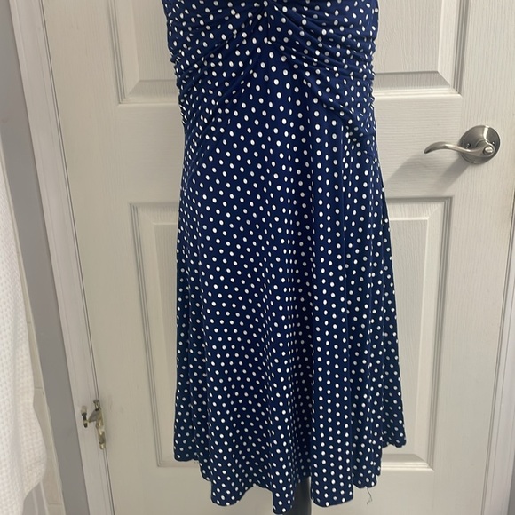 Papillon Sundress Navy White Polka Dot Sleeveless Ruched Stretch V Neck Sz L - Picture 3 of 8